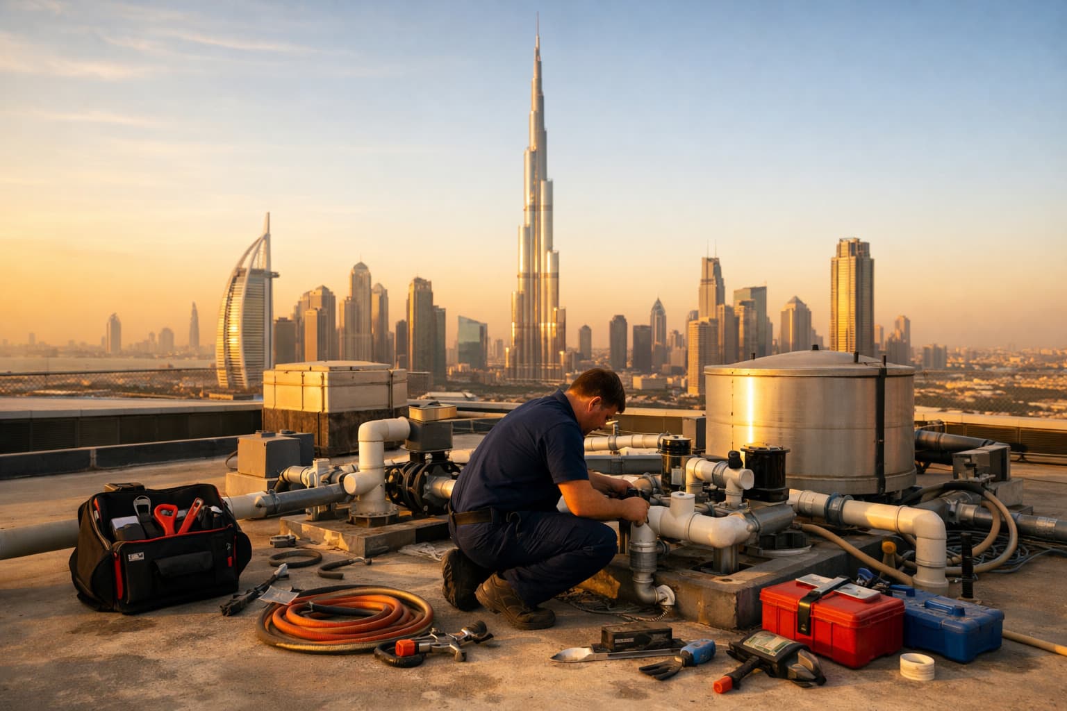 Professional plumber in front of Burj Khalifa